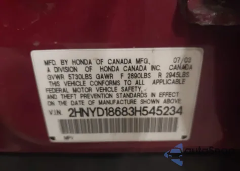 2003 Acura Mdx z USA, uszkodzony, nr VIN 2HNYD18683H545234